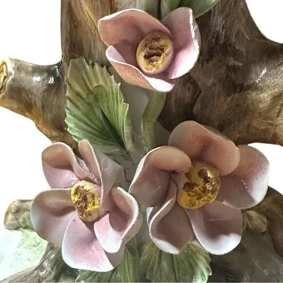 Vintage Capodimonte porcelain vase features tree trunk, branches, flowers, doves